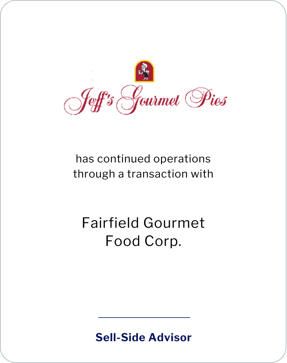 Jeff's Gourmet Pies has continued operations through a transaction with Fairfield Gourmet Food Corp.