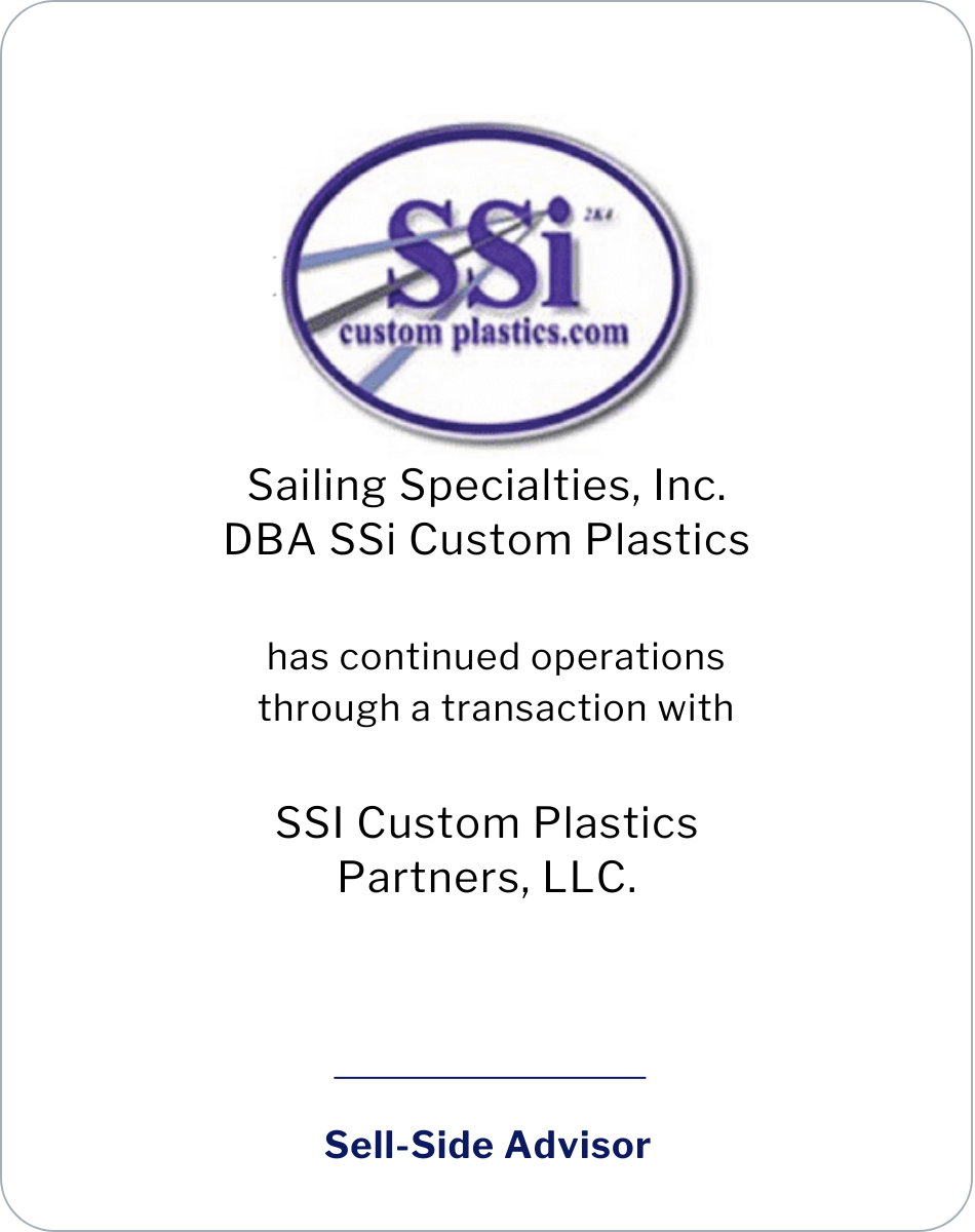 Sailing Specialties, Inc. DBA SSi Custom Plastics has continued operations through a transaction with SSI Custom Plastics Partners, LLC